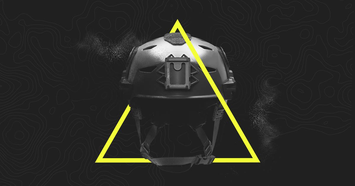 Image of black helmet with yellowtriangle graphic 