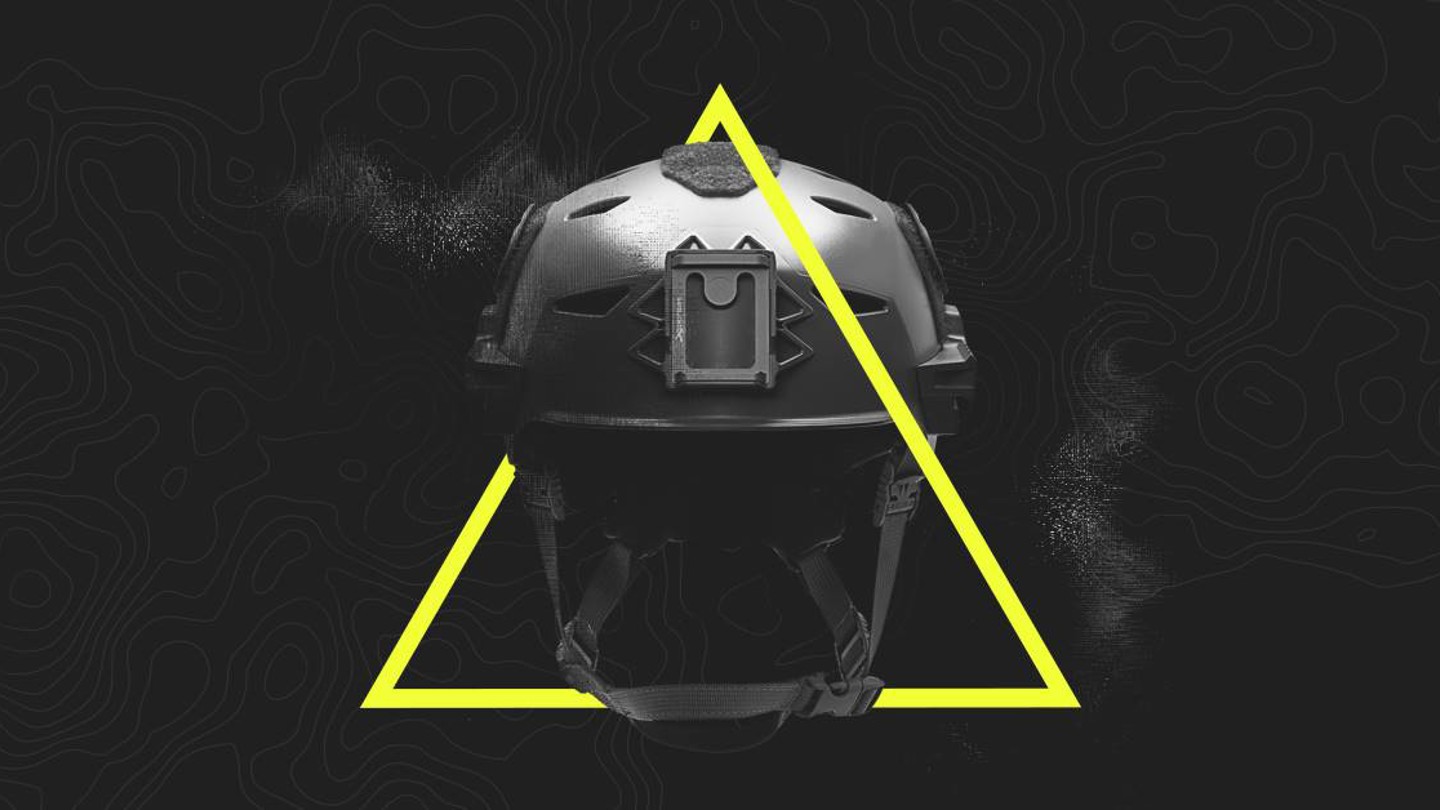 Image of black helmet with yellowtriangle graphic