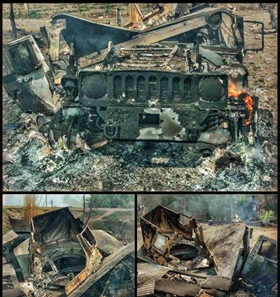 Imagens de um veículo destruído e incendiado
