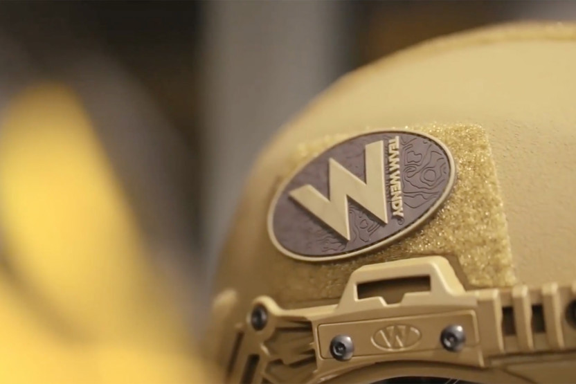 Close up of Team Wendy badge on a helmet
