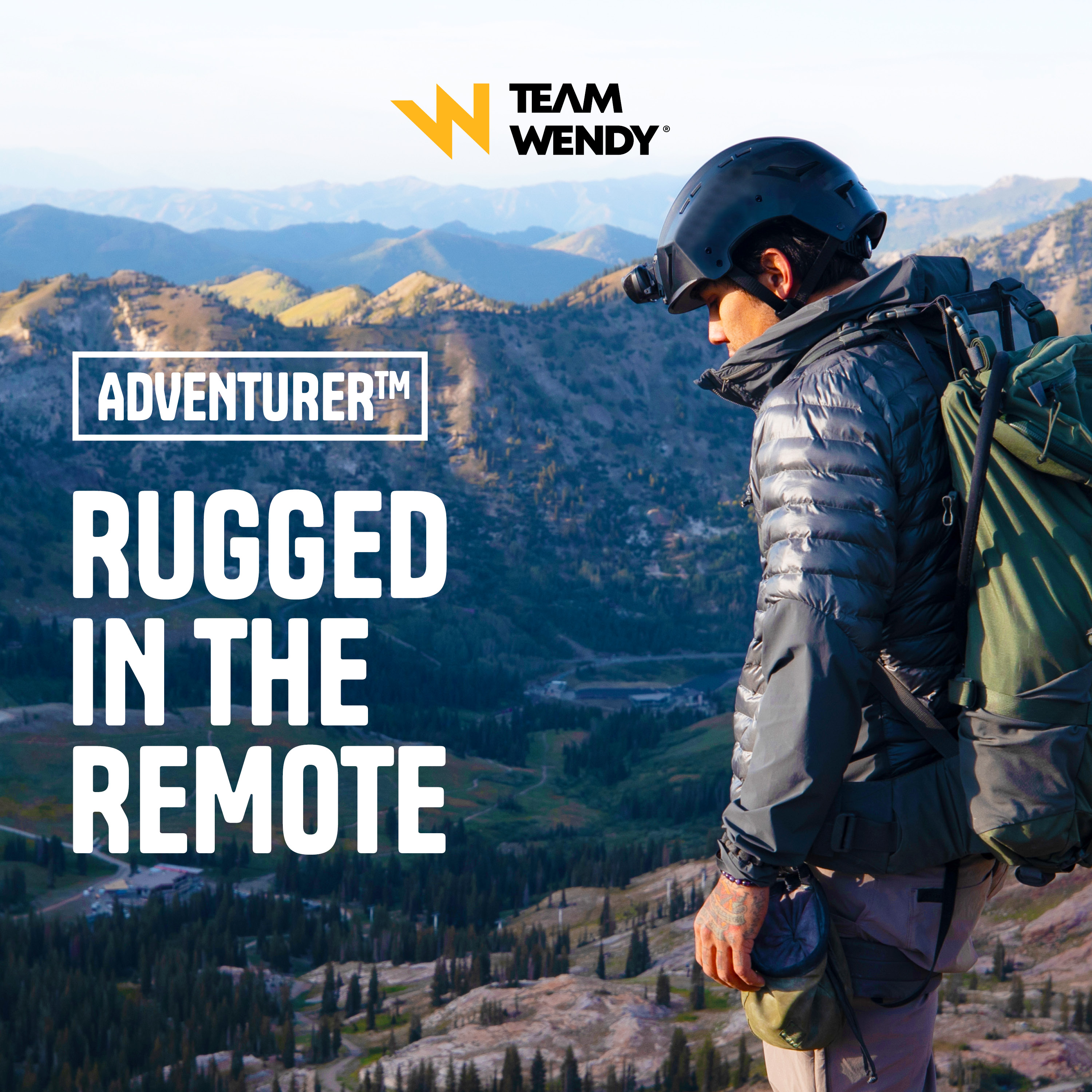 Image of someone hiking on a mountain wearing a Team Wendy Adventurer helmet. Text on the image reads "Rugged in the remote"