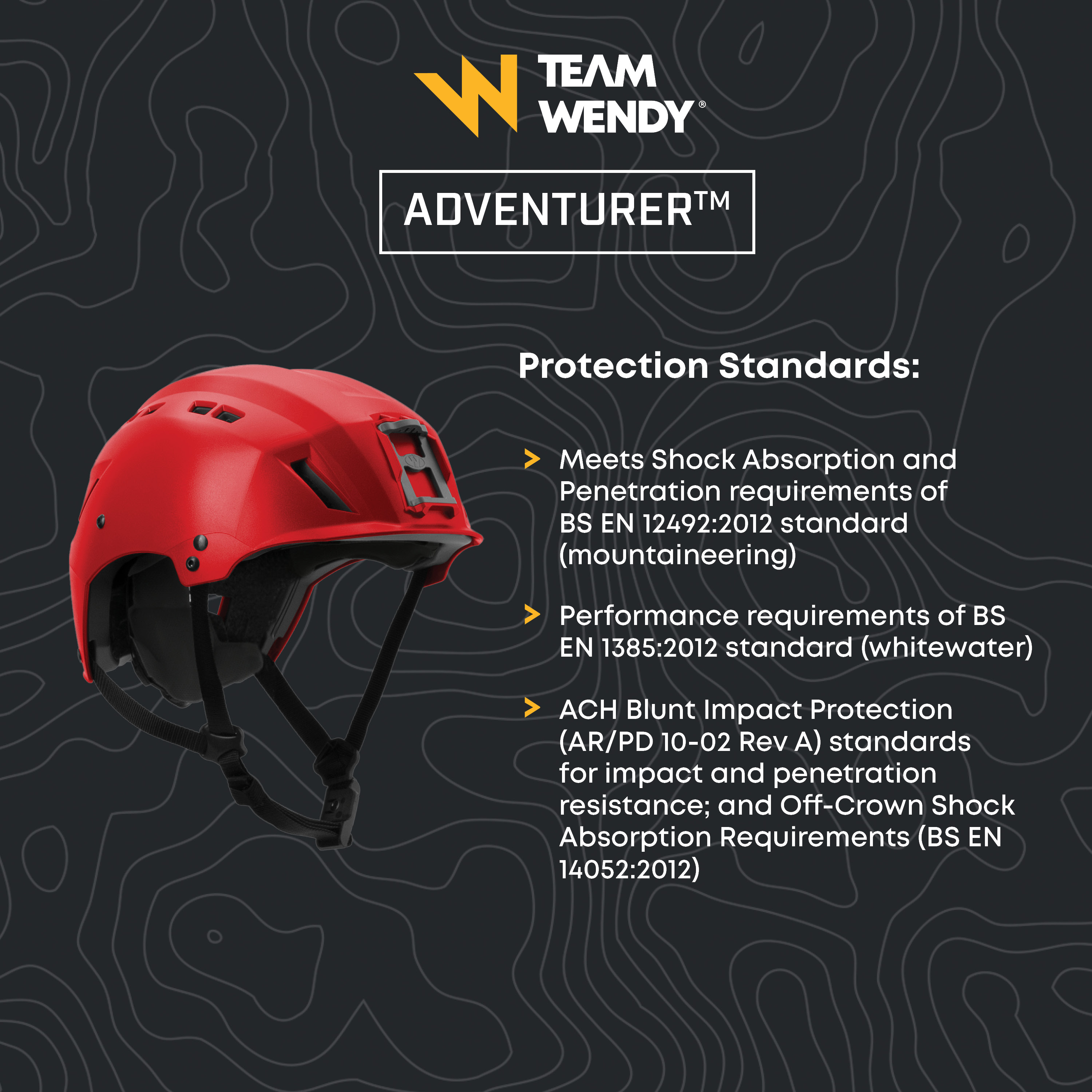 Graphic for Team Wendy Adventurer helmet that lists shock absorption and blunt impact protection standards