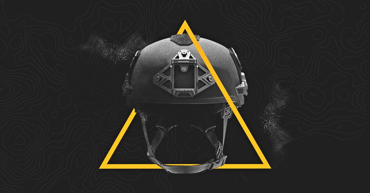 Black hemet with yellow triangle graphic
