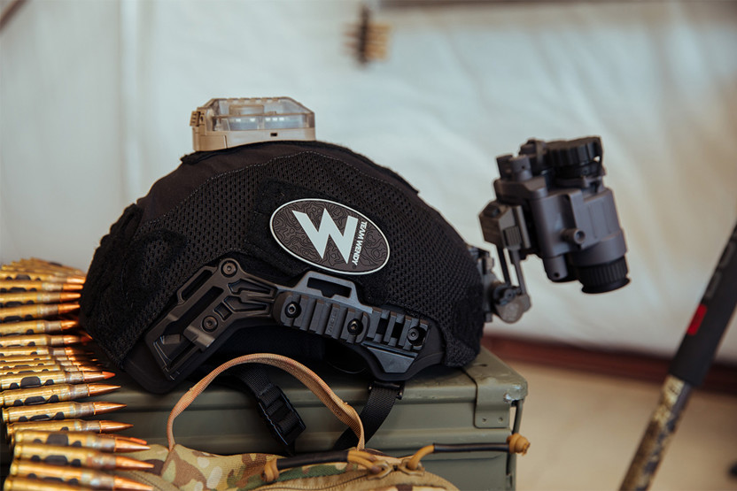 Black helmet with accessory attached