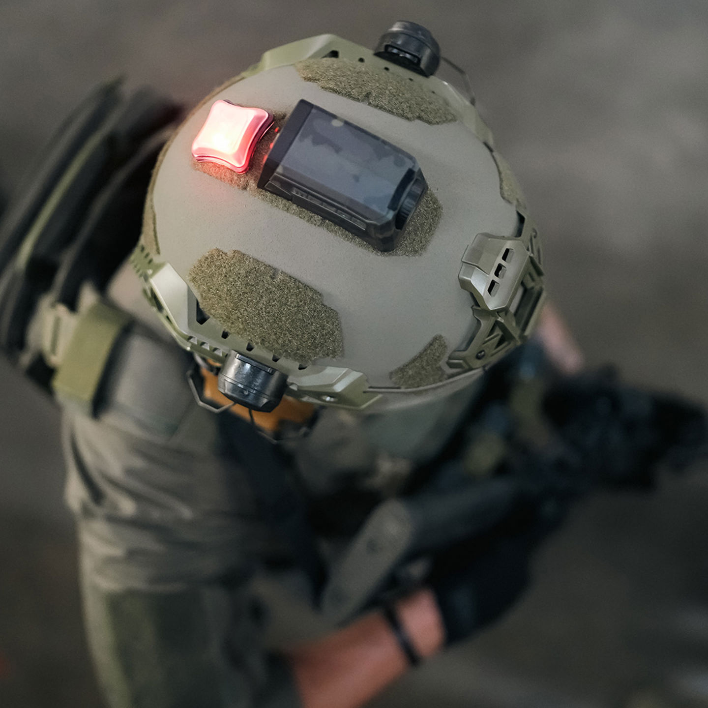 Aerial view of man in helmet