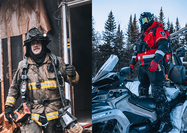 Split image of fireman in uniform and man on a snowmobile in coat and helmet
