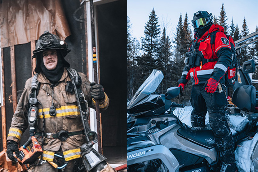 Split image of fireman in uniform and man on a snowmobile in coat and helmet