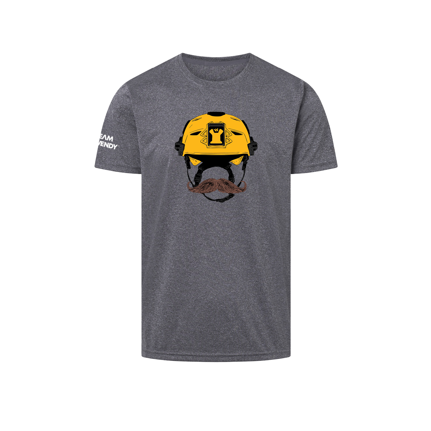 team wendy grey tshirt with yellow helmet and brown mustache