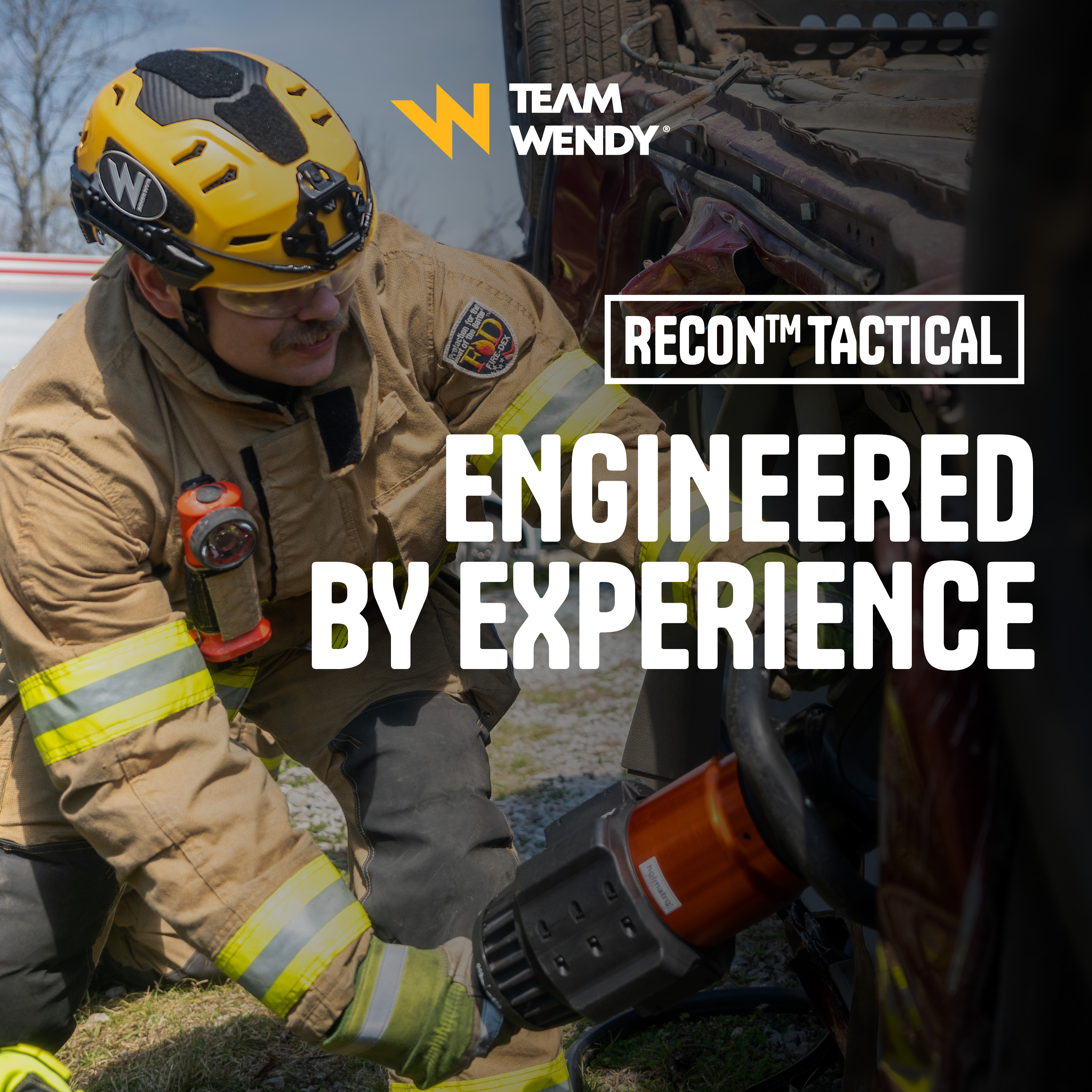 Team Wendy Yellow Recon Tactical Helmet worn by rescue team member with works engineered by experience