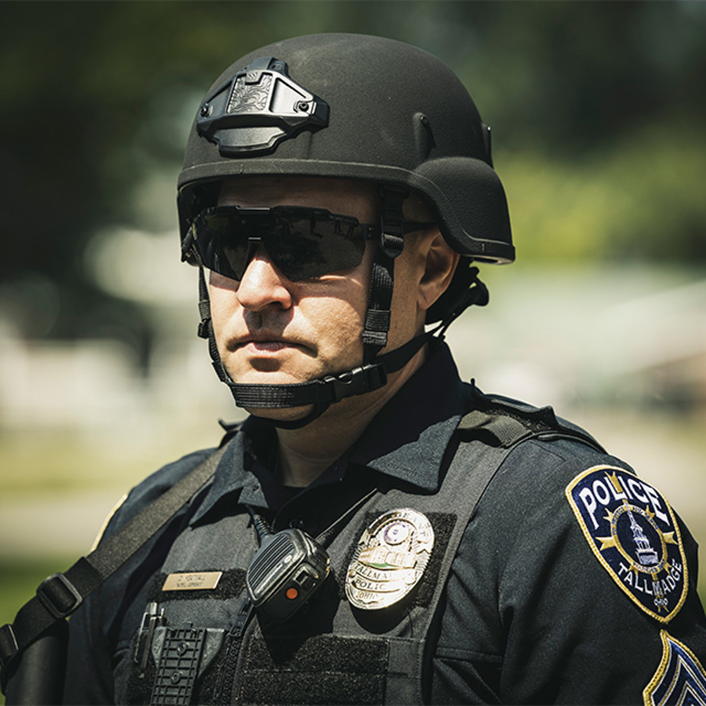 Policeman in helmet and sunglasses