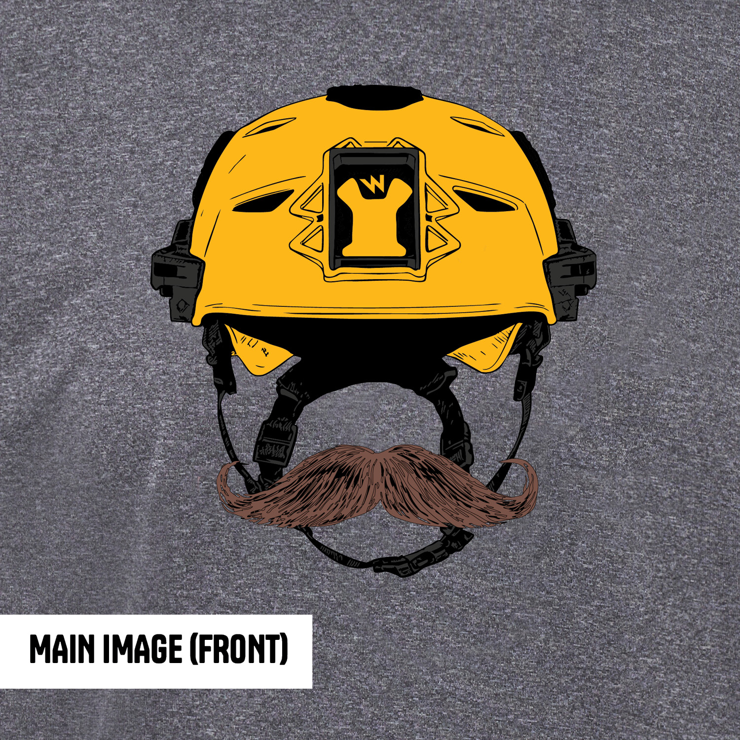 close up image of yellow helmet brown mustache on grey background