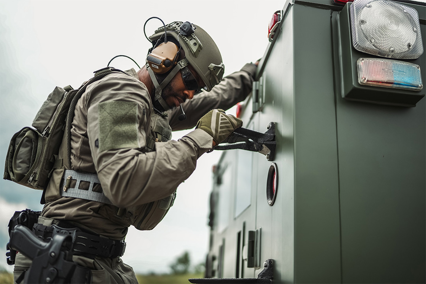 Man in army green and helmet using a large switch