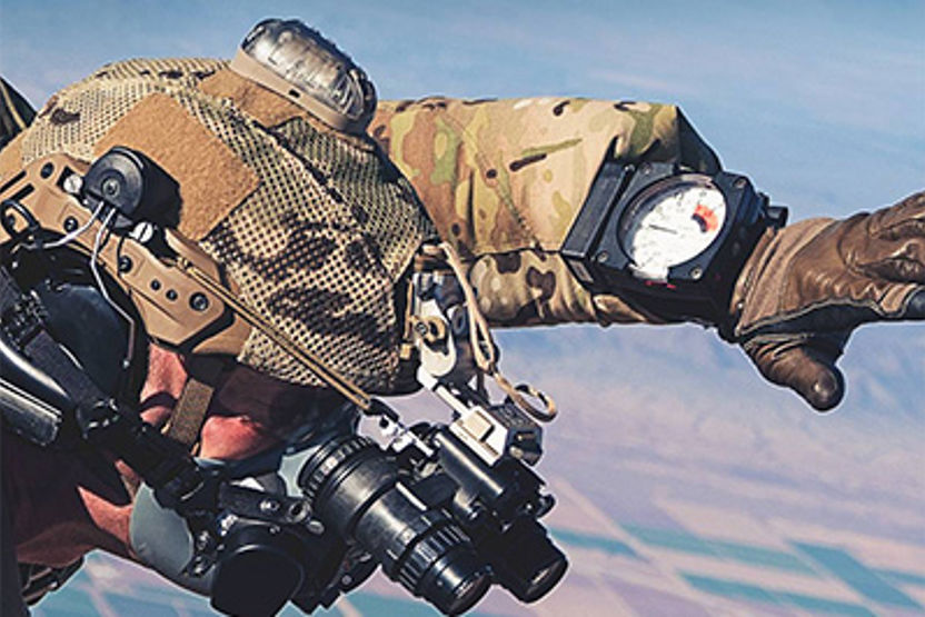 Man skydiving with helmet on
