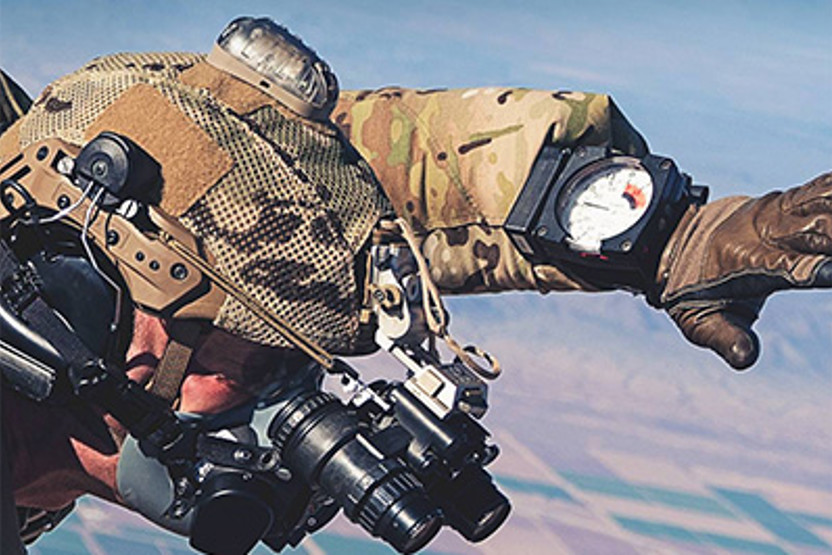 Man skydiving with helmet on