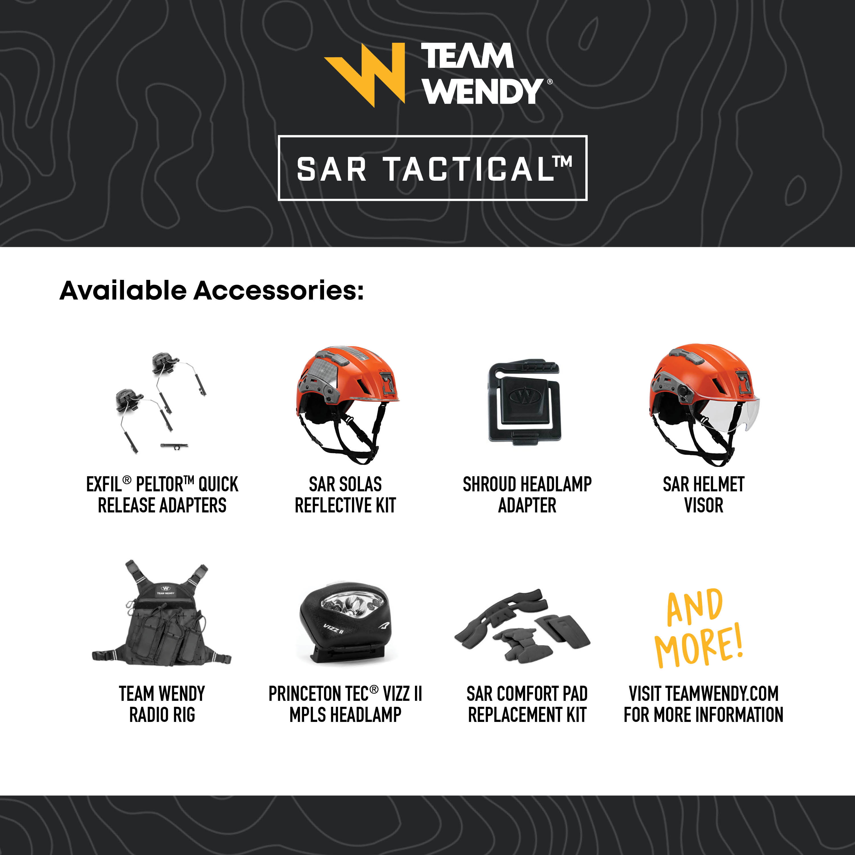 Team Wendy SAR Tactical Helmet accessories including adapters, pads, visors and more