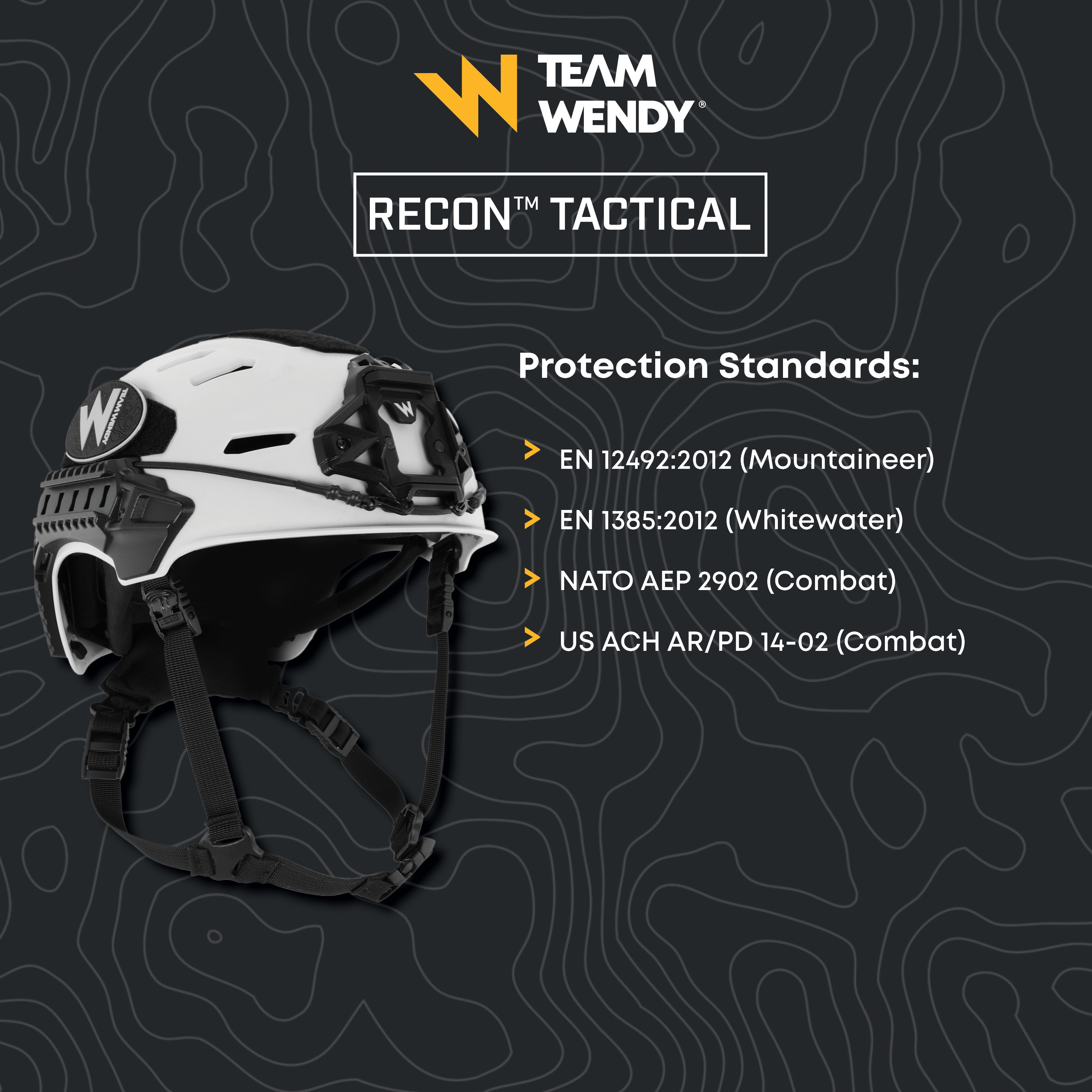Graphic highlighting the protection standards of the Team Wendy RECON Tactical helmet