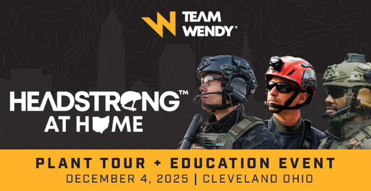 Team Wendy Headstrong at home plant tour banner including the date and location of the event.  Showing men wearing Team Wendy helmets