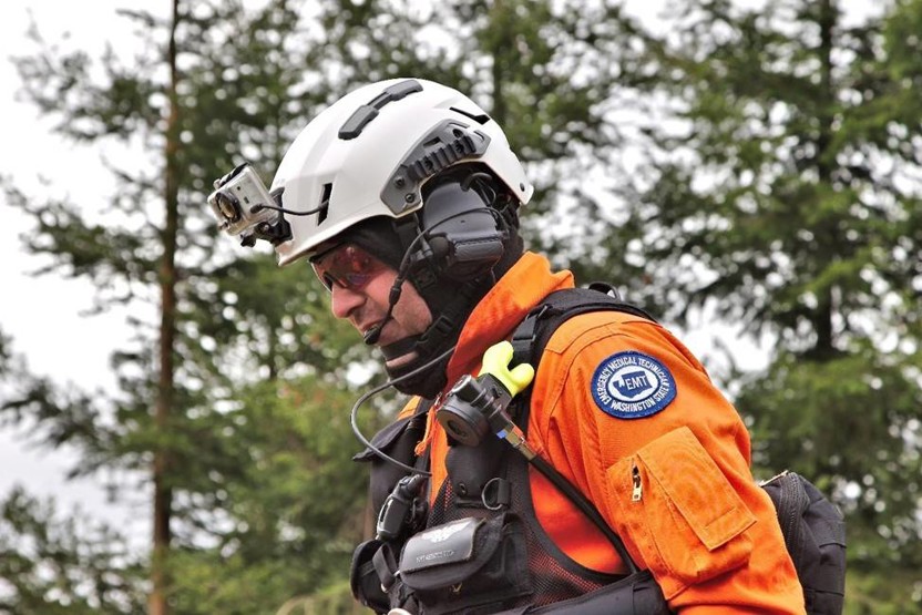 Man in helmet with camera accessory attached