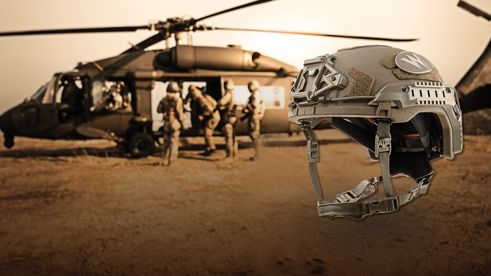 Image of a helmet in front of a backdrop of army men getting into a helicopter