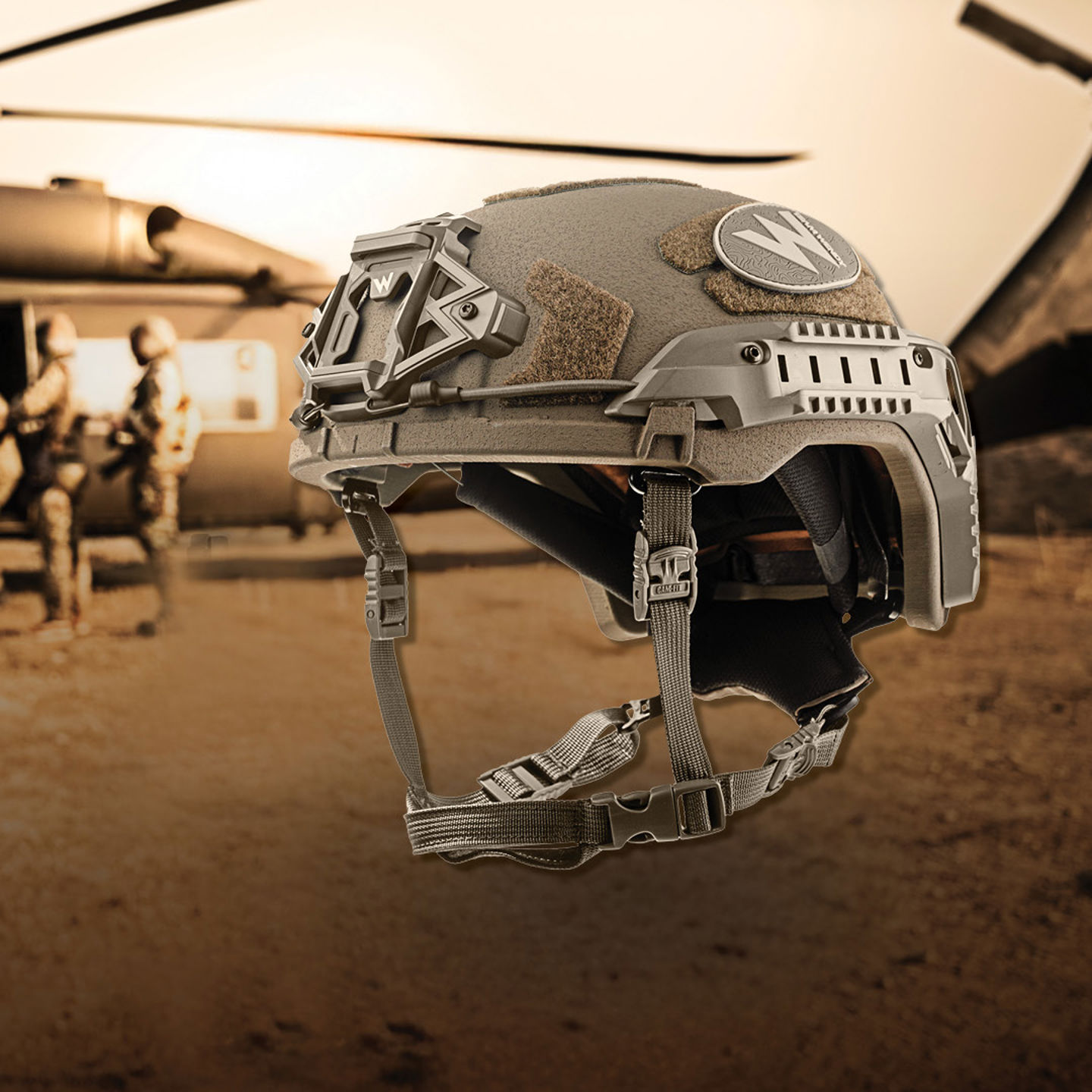 Image of a helmet in front of a backdrop of army men getting into a helicopter