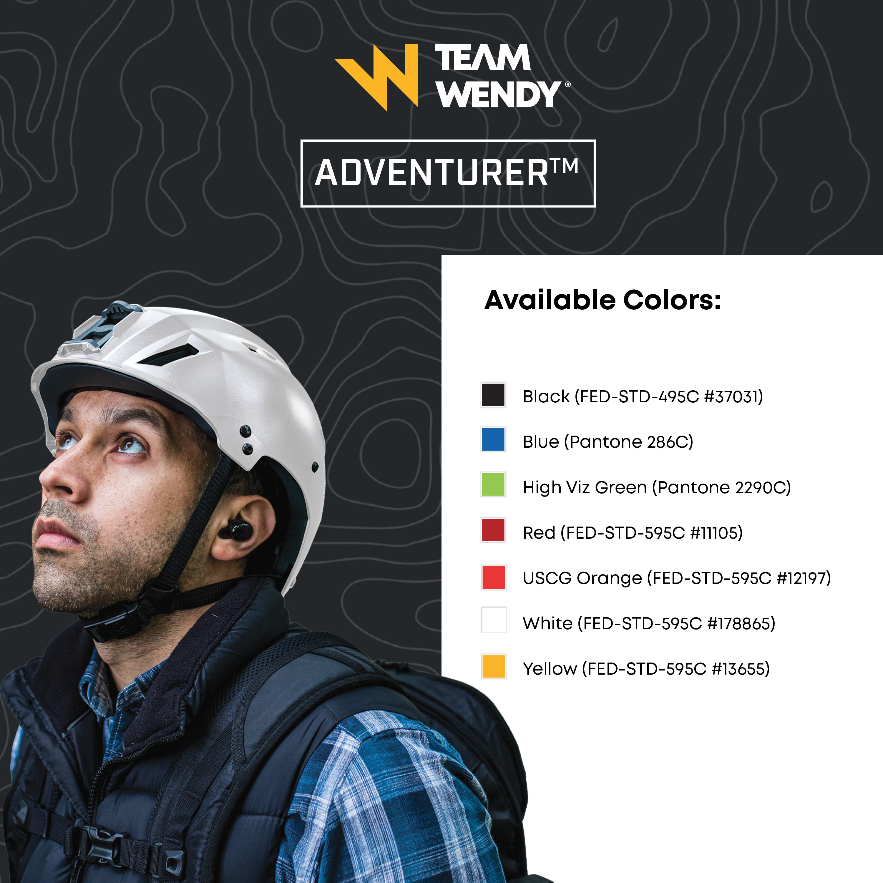 Graphic the lists the available colors for the Team Wendy Adventurer helmet: black, blue, high viz green, red, USCG orange, white, and yellow