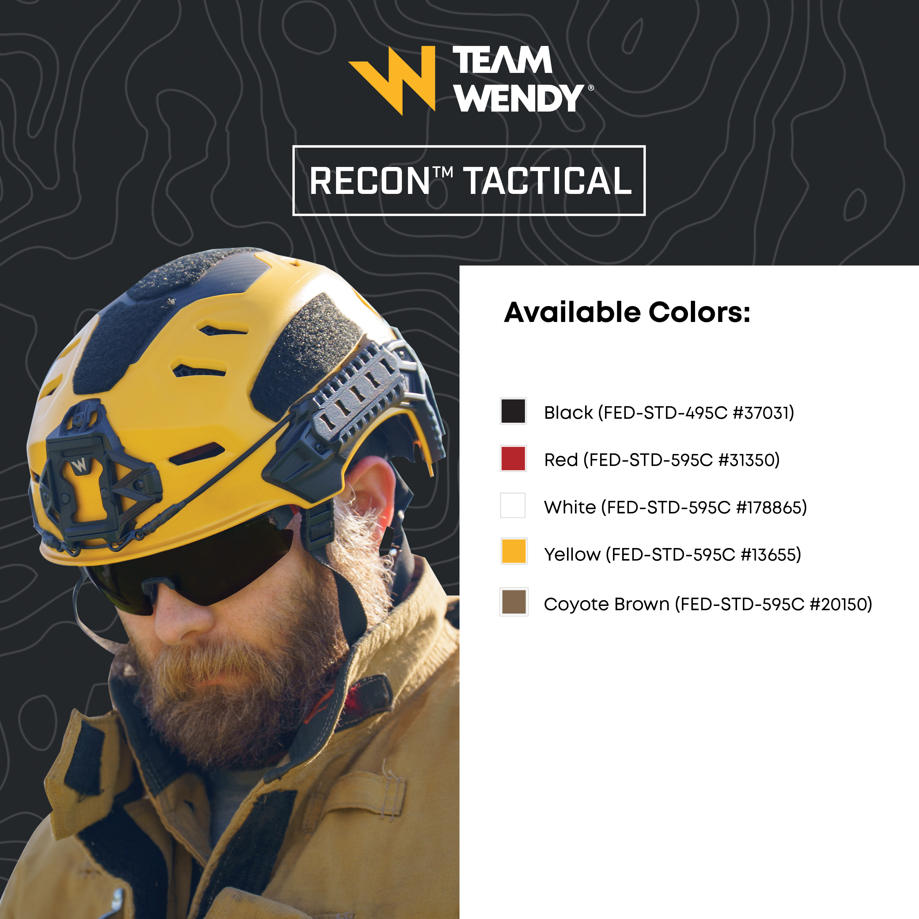 Team Wendy Yellow Recon Tactical  Helmet worn by a man with sunglasses and a beard and color options shown