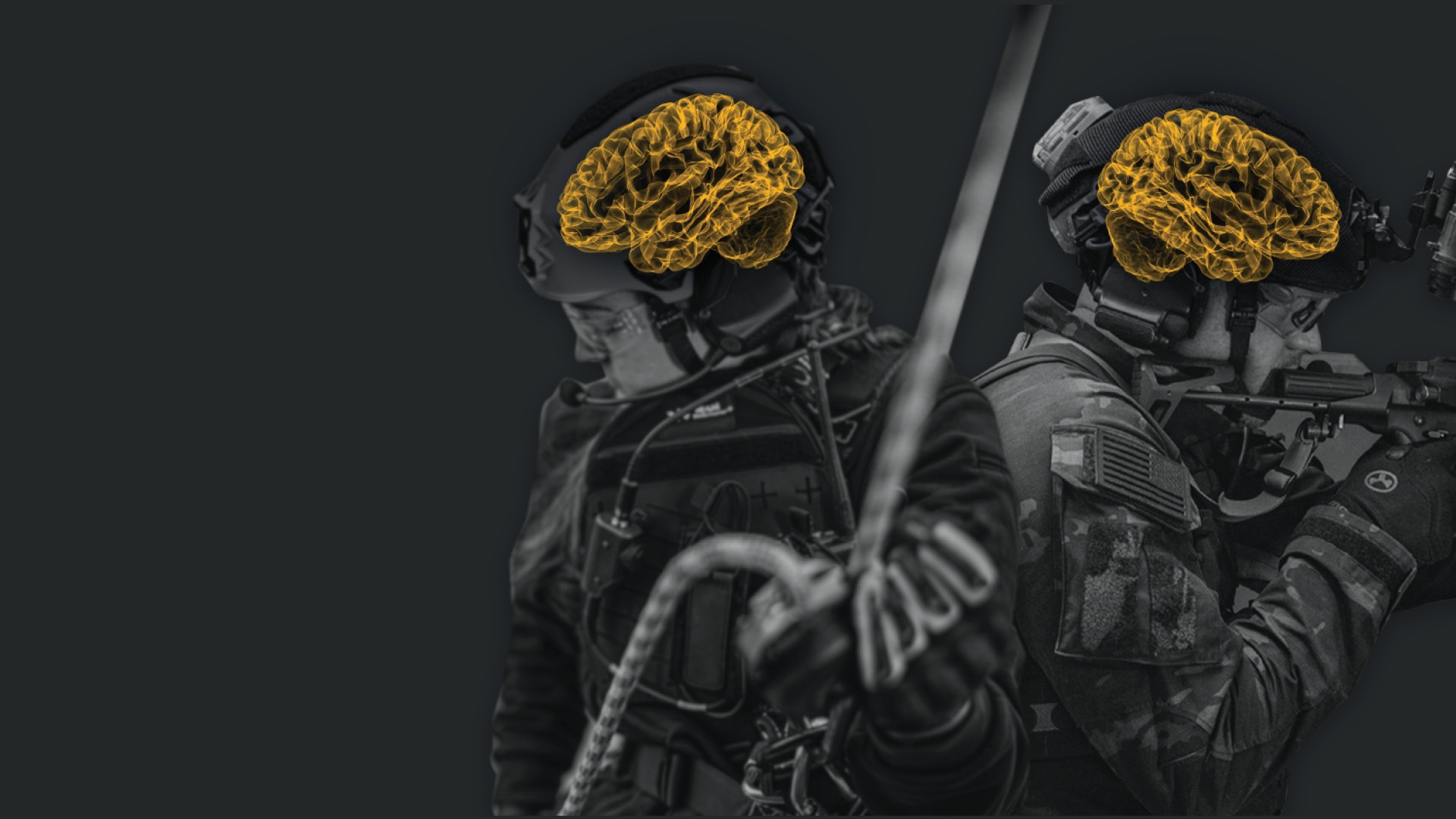 The image shows a search and rescue professional rappelling down a rope and a law enforcement officer. Both have a graphical overlay of a brain on their heads to signify March being Brain Injury Awareness Month.