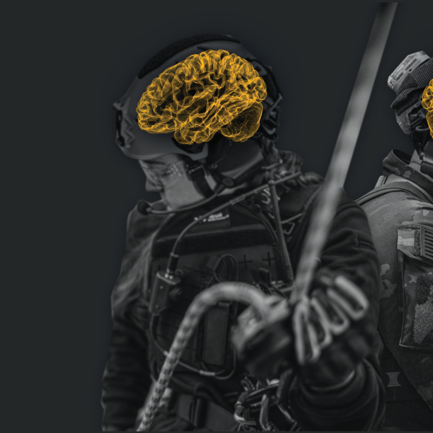 The image shows a search and rescue professional rappelling down a rope and a law enforcement officer. Both have a graphical overlay of a brain on their heads to signify March being Brain Injury Awareness Month.