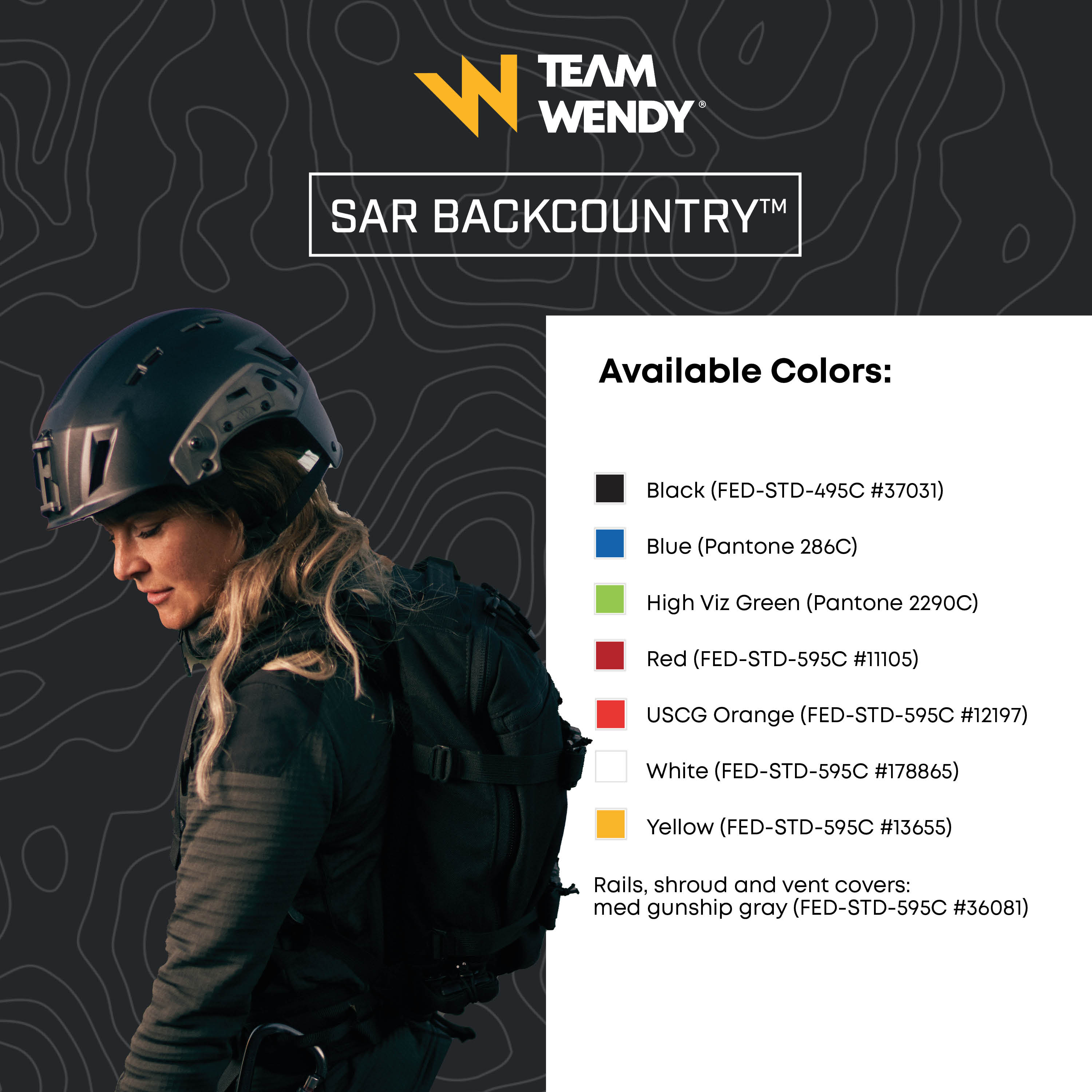 Team Wendy SAR Backcountry Helmet Colors including Black Blue Green Red Orange White and Yellow
