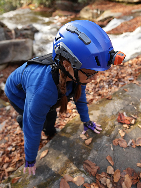 Climber wearing helmet