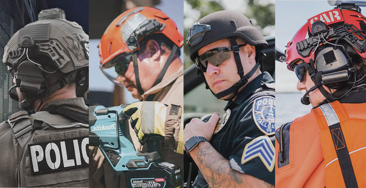 Image composée de 4 photos distinctes montrant des personnes portant des casques « Team Wendy », dont 2 policiers et une équipe de recherche et de sauvetage