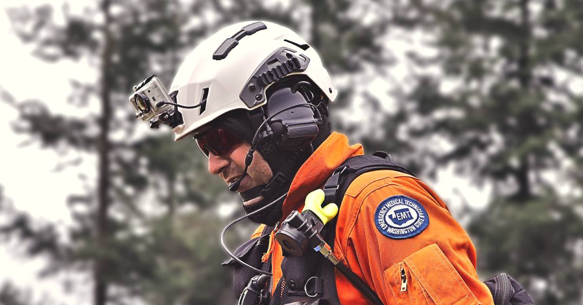 Man wearing Team Wendy helmet with mounted camera