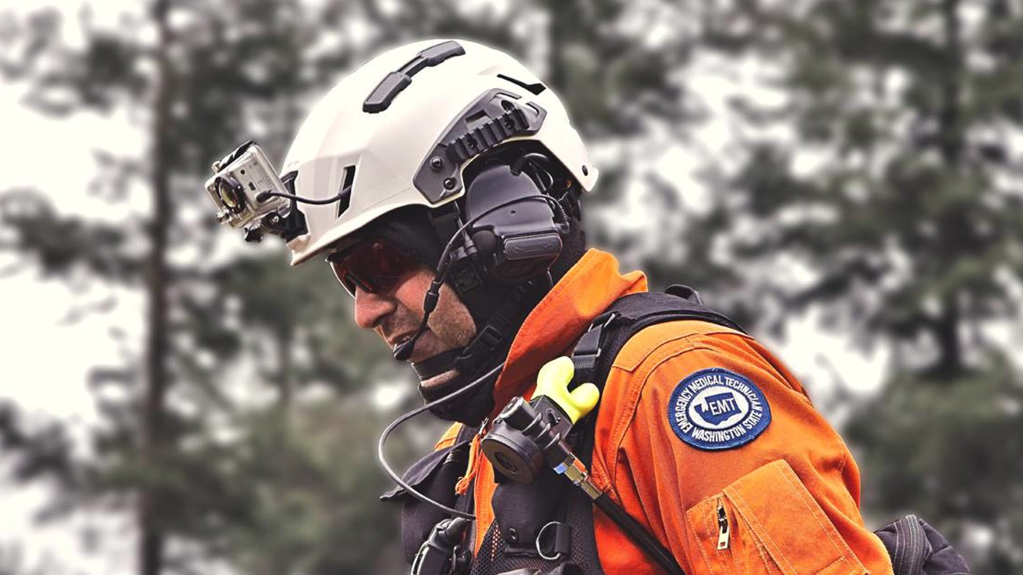 Man wearing Team Wendy helmet with mounted camera