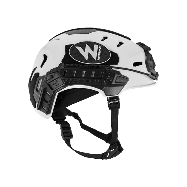 Right side view of white RECON tactical helmet