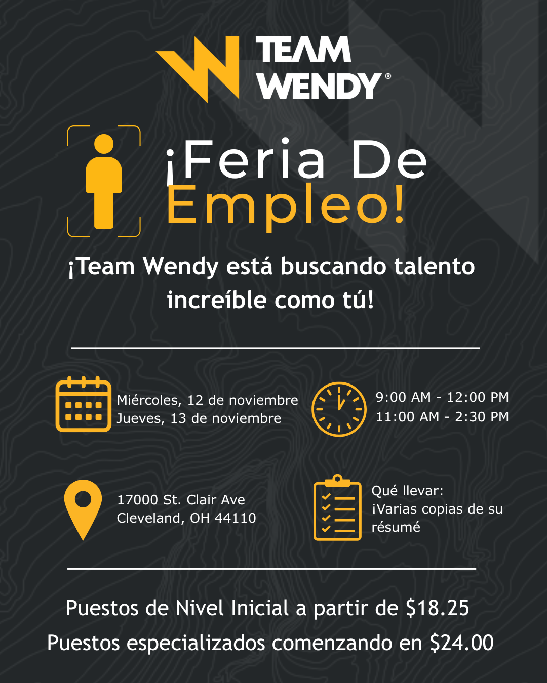 Team Wendy hiring banner in spanish including the date time and location of the event