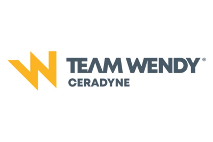 Logo for Team Wendy Ceradyne in gray lettering with a stylized yellow W on a white background.