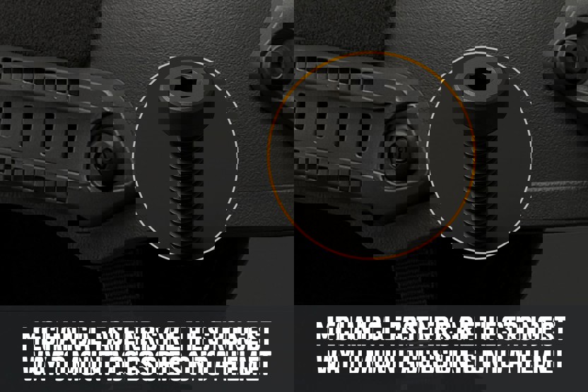 Close up image of a fastener on a Team Wendy RIFLETECH rifle-rated helmet. Overlayed text says