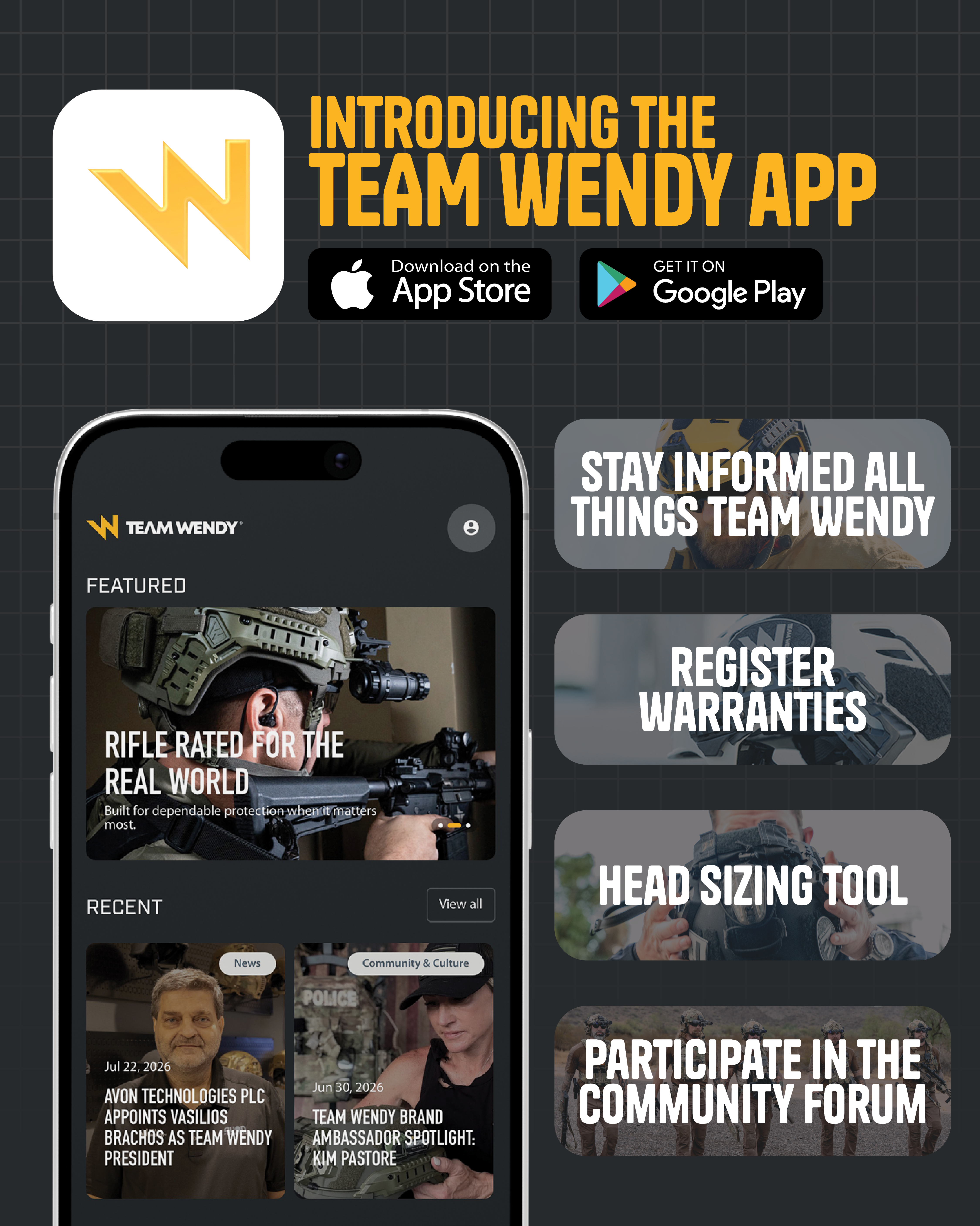Image showing the Team Wendy Community App showcasing warranty registration, head sizing tool, and community forums