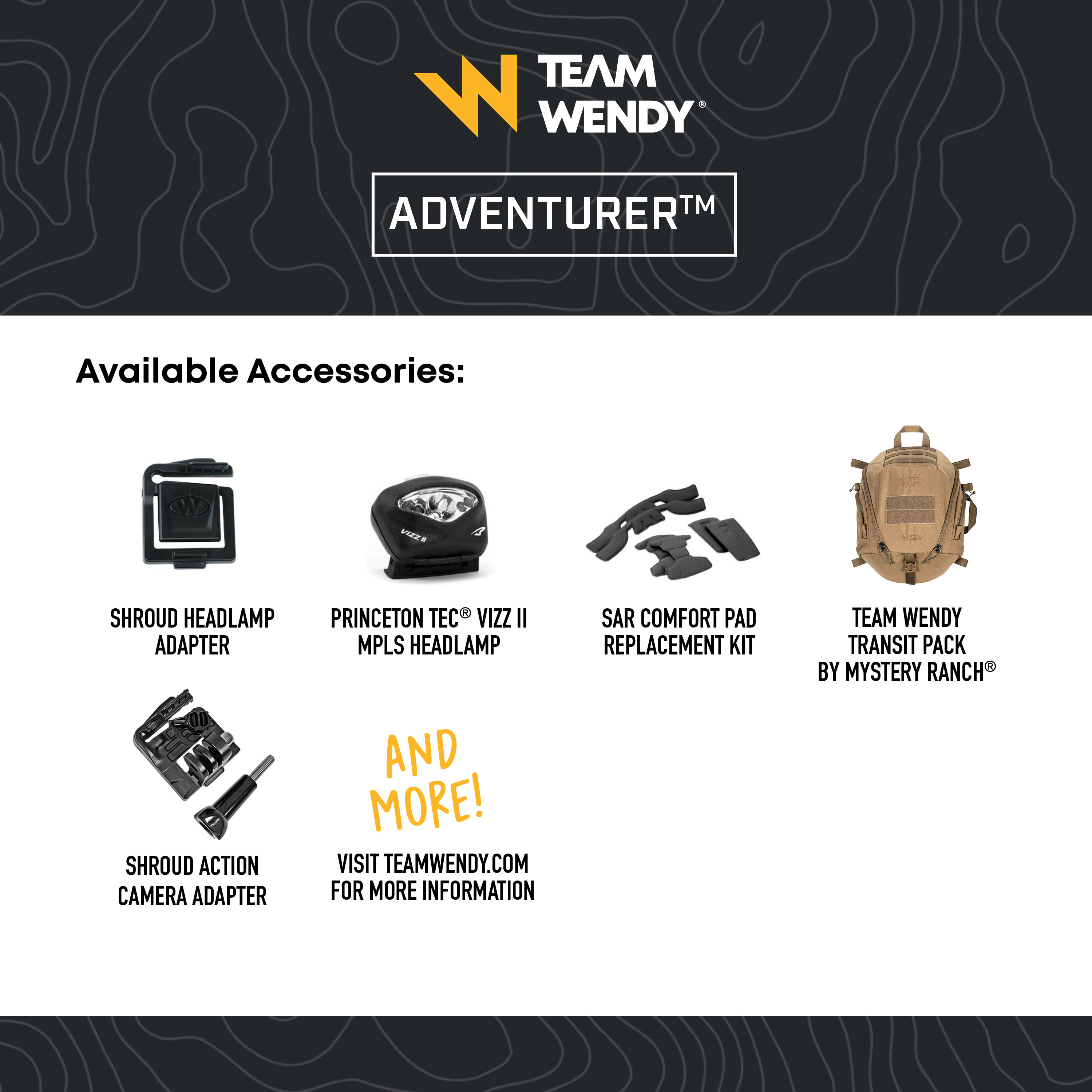 Graphic that lists available accessories for the Team Wendy Adventurer helmet. Includes headlamp adapter, headlamp, SAR comfort pad replacement kit, Transit pack, and action camera adapter. 