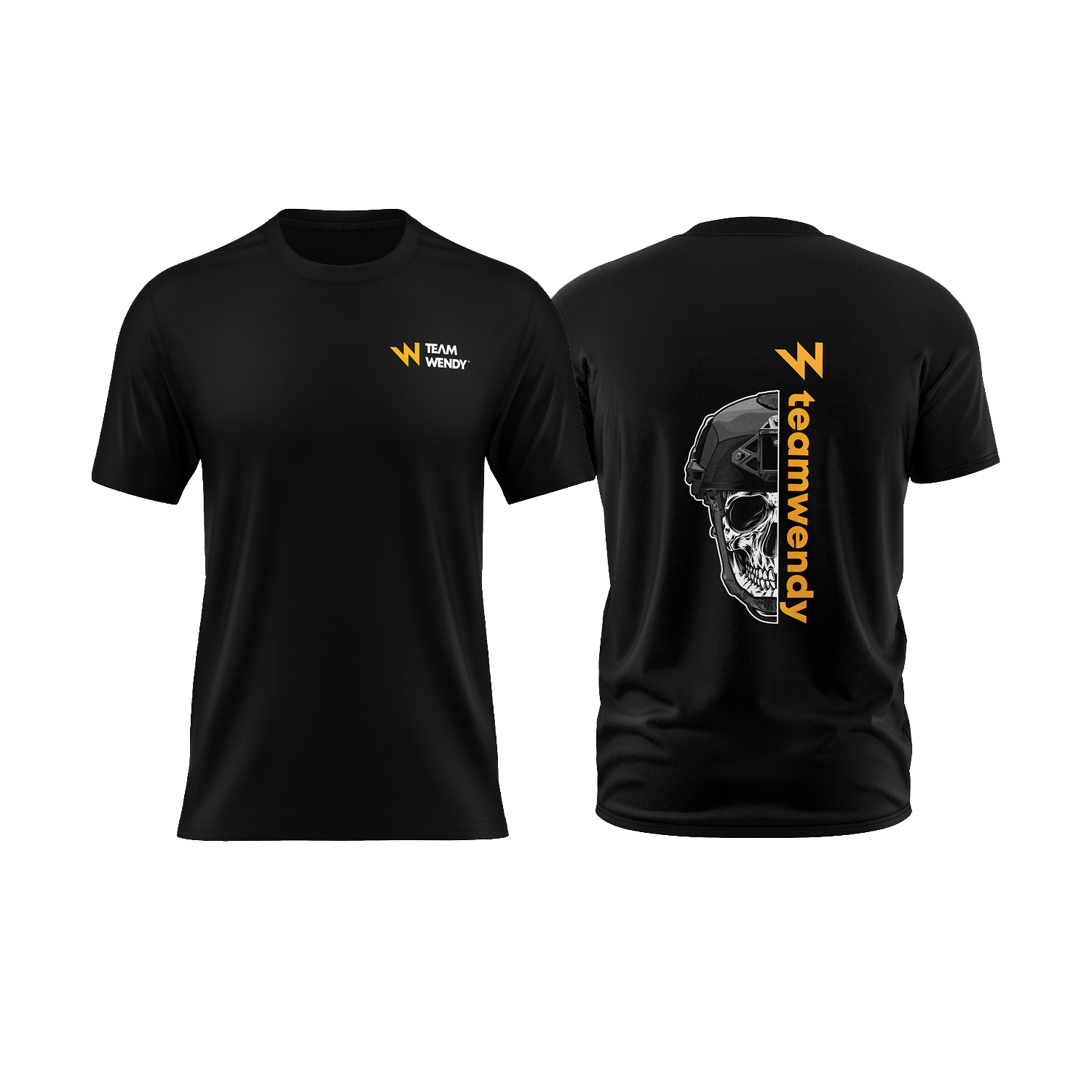 team wendy black tshirt showing front with logo and back with skull