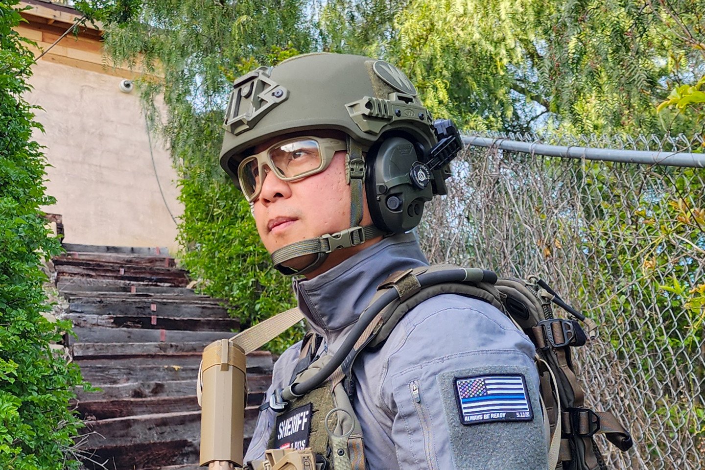 Sheriff wearing tactical gear and Team Wendy helmet