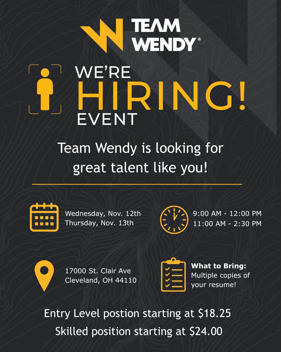Team Wendy Hiring Event Banner featuring the date time and location of the event