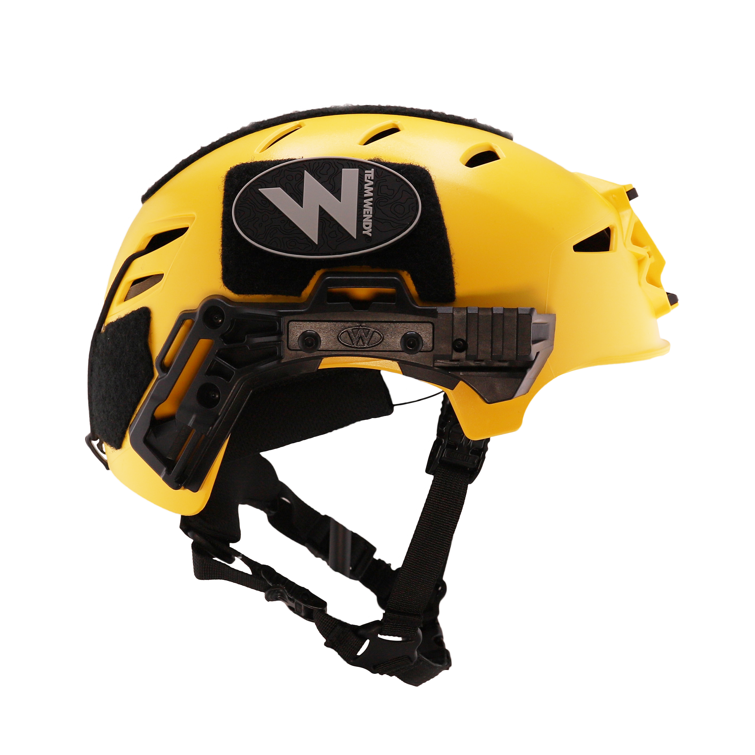 Team Wendy Rescuer Helmet in yellow showing the side of the helmet including the rail, patch and retention system