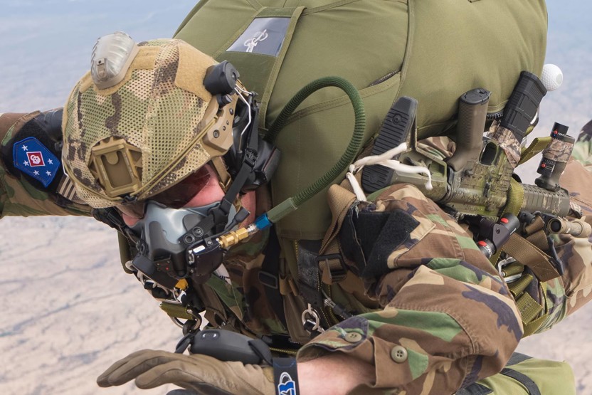 Man skydiving in camo