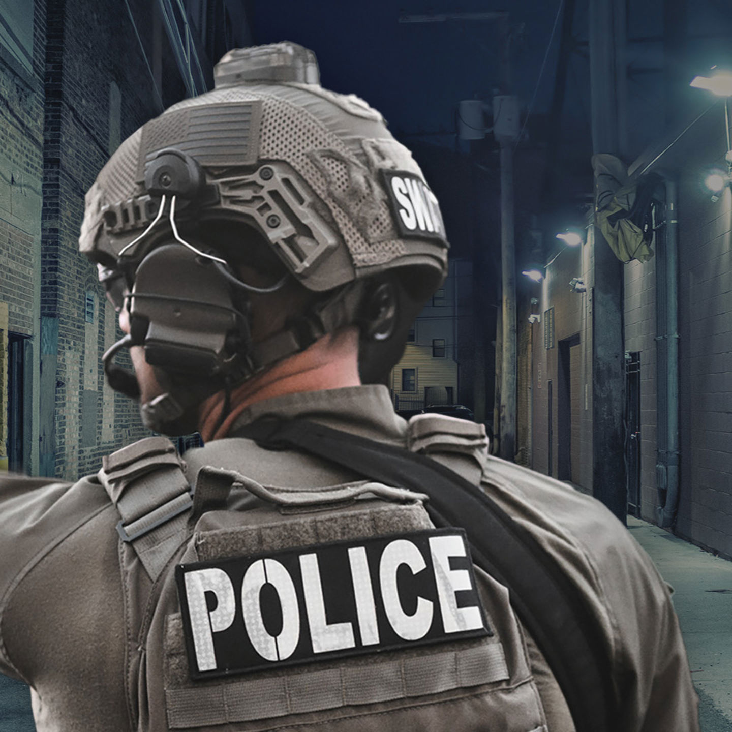 Image of the back of a police uniform and helmet