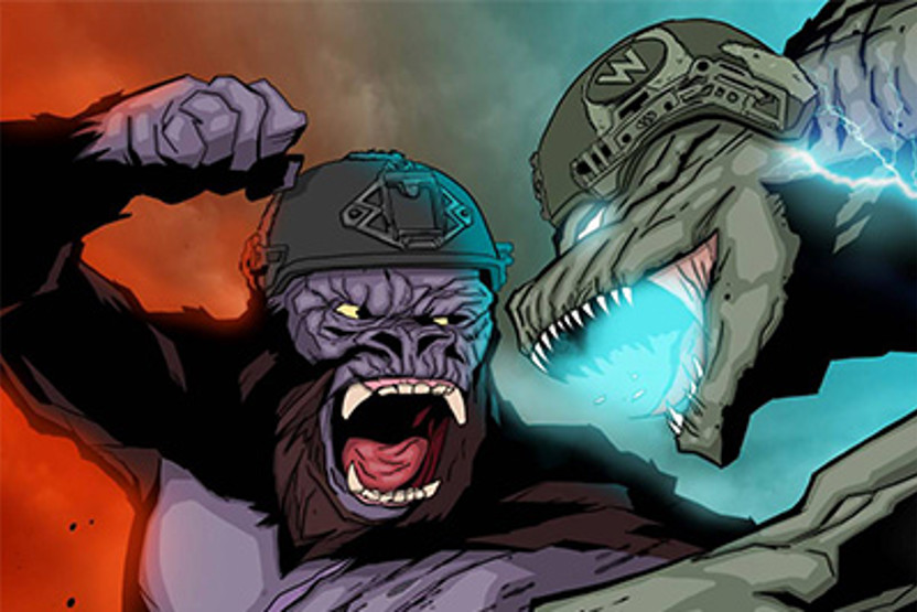 Cartoon GODZILLA V KONG wearing helmets