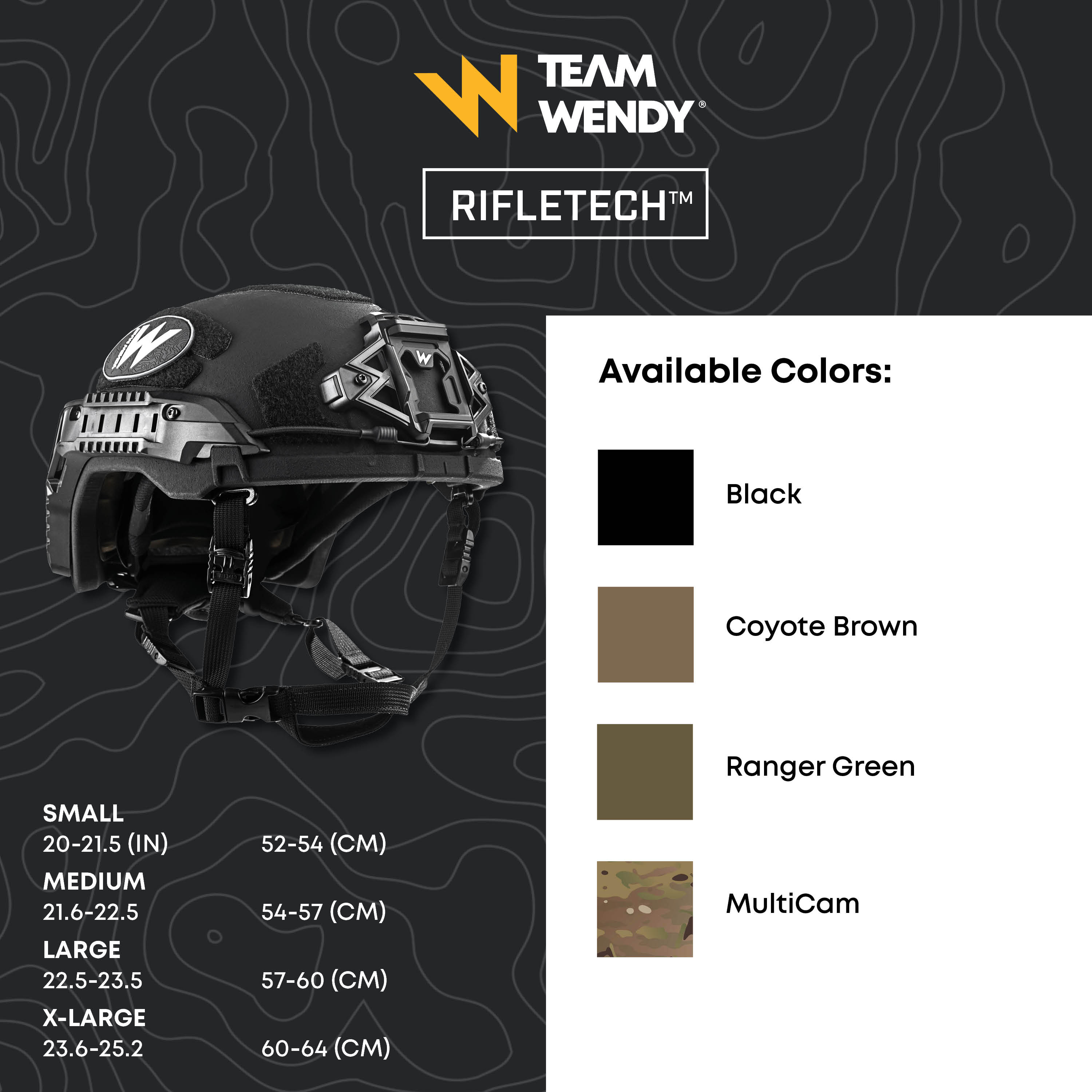 Team Wendy Rifletech Helmet Color Options, Black, Brown, Green, and Camoflauge