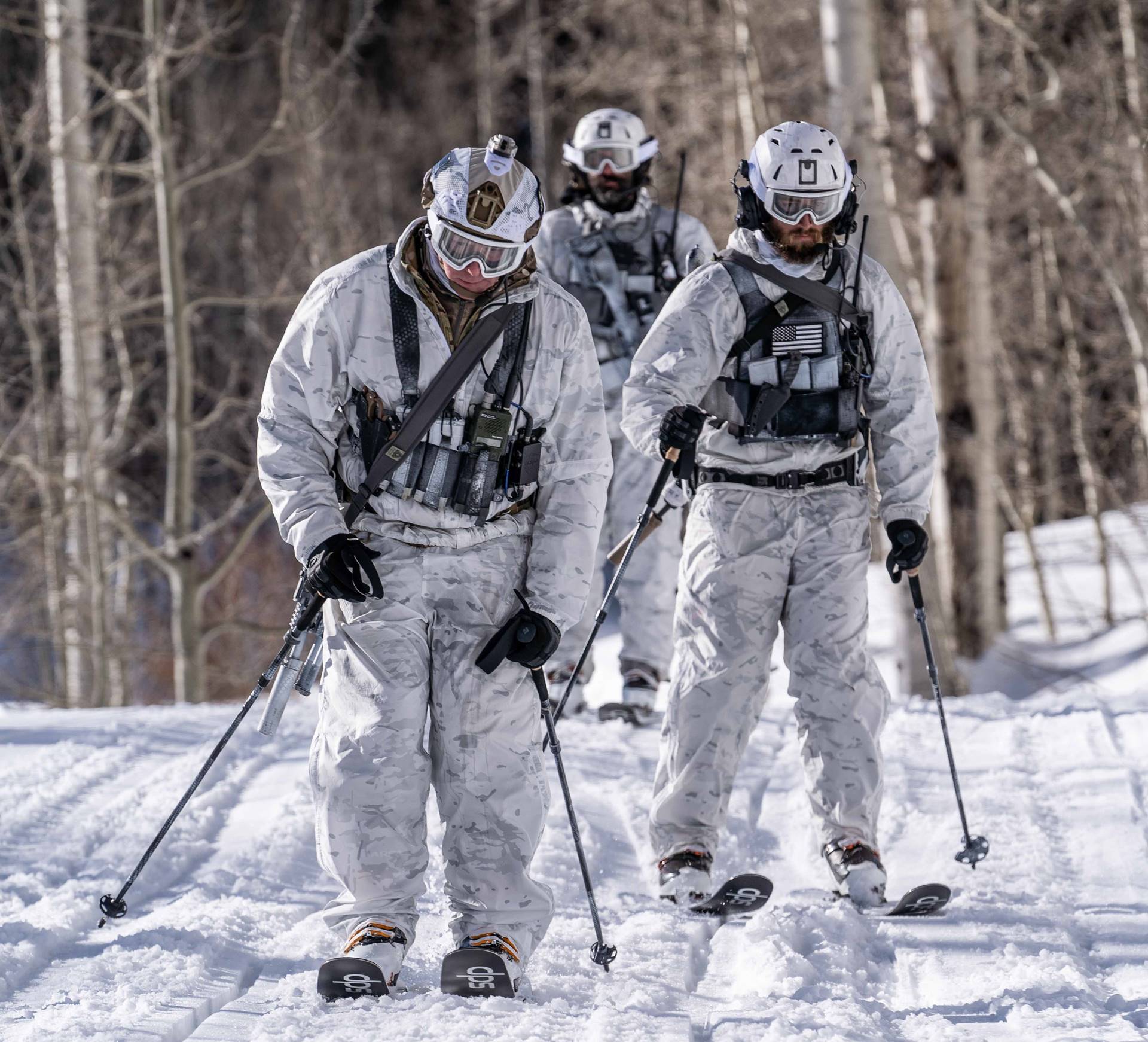 Men in snow wearing alpine camo uniform and helmets