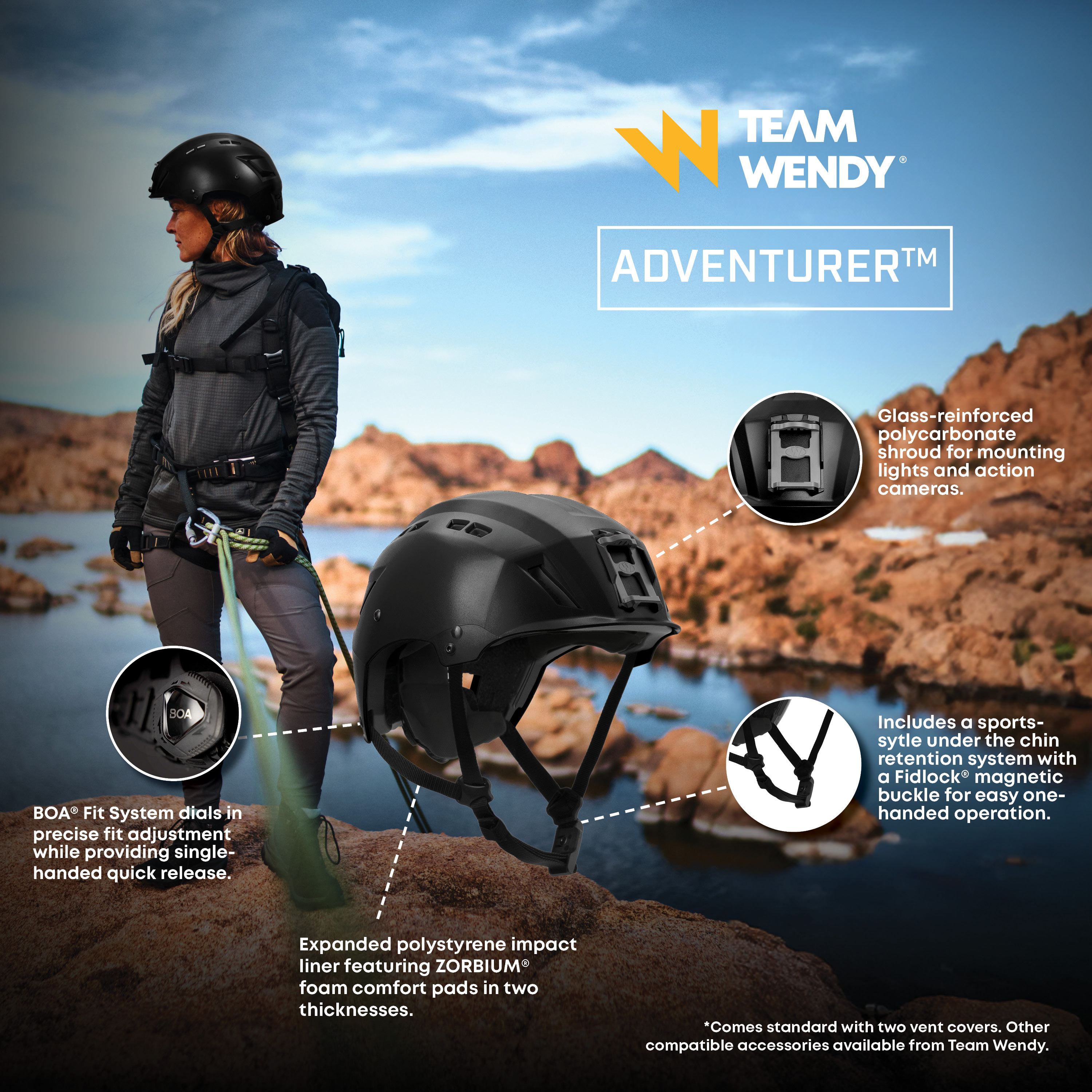 Graphic the highlights features of the Team Wendy Adventurer helmet including BOA Fit dial retention, ZORBIUM foam liner, and glass reinforced shroud.